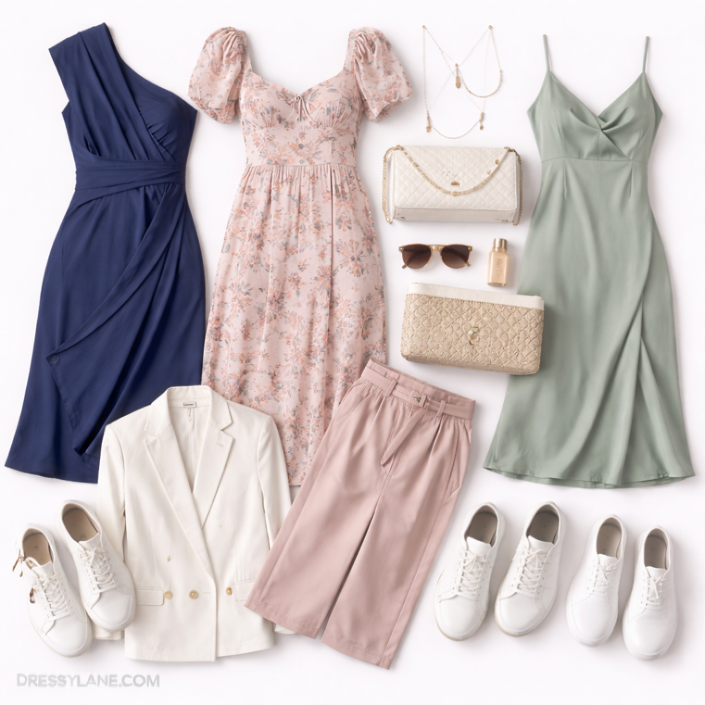 Flat lay of women’s wedding outfits featuring dresses, blazers, accessories, and clean white sneakers styled for a casual wedding.