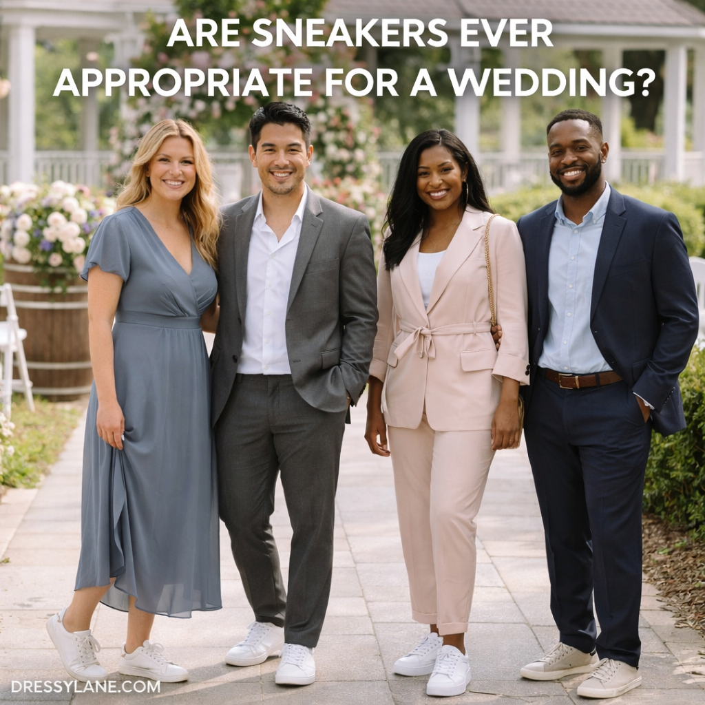 Diverse group of men and women wearing semi-formal wedding outfits styled with clean sneakers at an outdoor wedding venue.