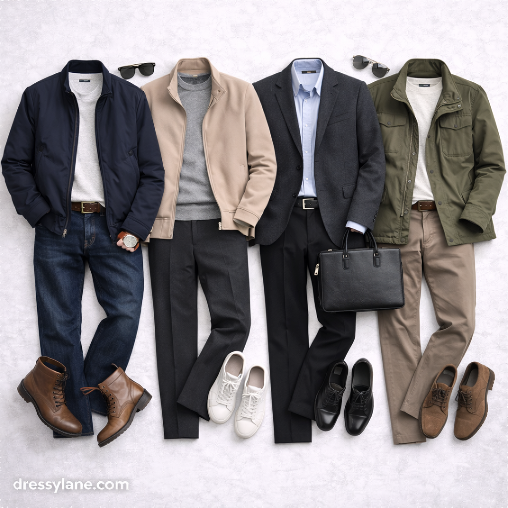 Flat lay of men’s all-season outfits paired with versatile shoes including boots, sneakers, loafers, and dress shoes.