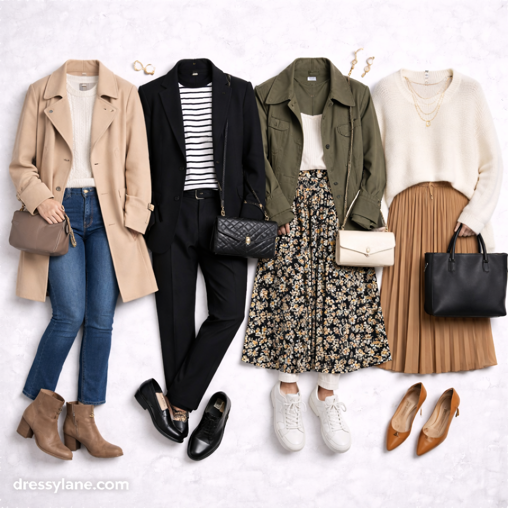 Flat lay of women’s all-season outfits paired with versatile shoes including ankle boots, loafers, sneakers, and flats.