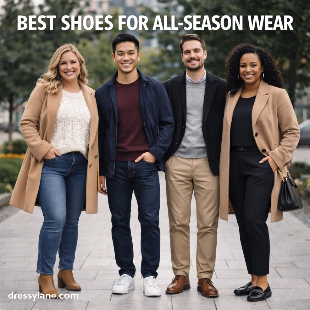 Diverse group of adults wearing stylish all-season shoes, including sneakers, loafers, and boots, styled for year-round wear.