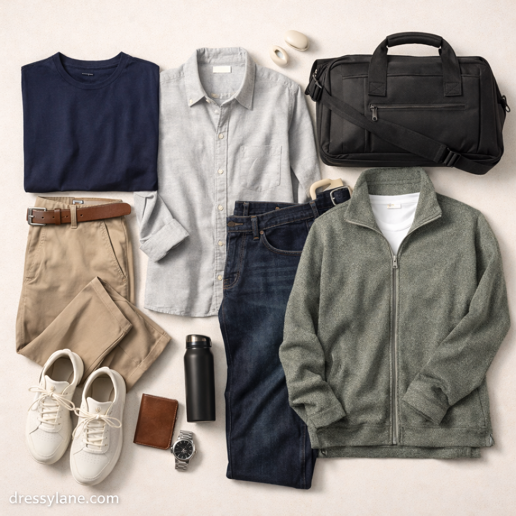 Flat lay of budget-friendly men’s clothing including casual tops, versatile layers, full-length pants, sneakers, and everyday accessories arranged for stylish wear.