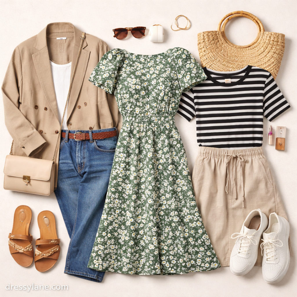 Flat lay of budget-friendly women’s clothing including versatile dresses, casual tops, neutral layers, shoes, and accessories arranged for stylish everyday wear.