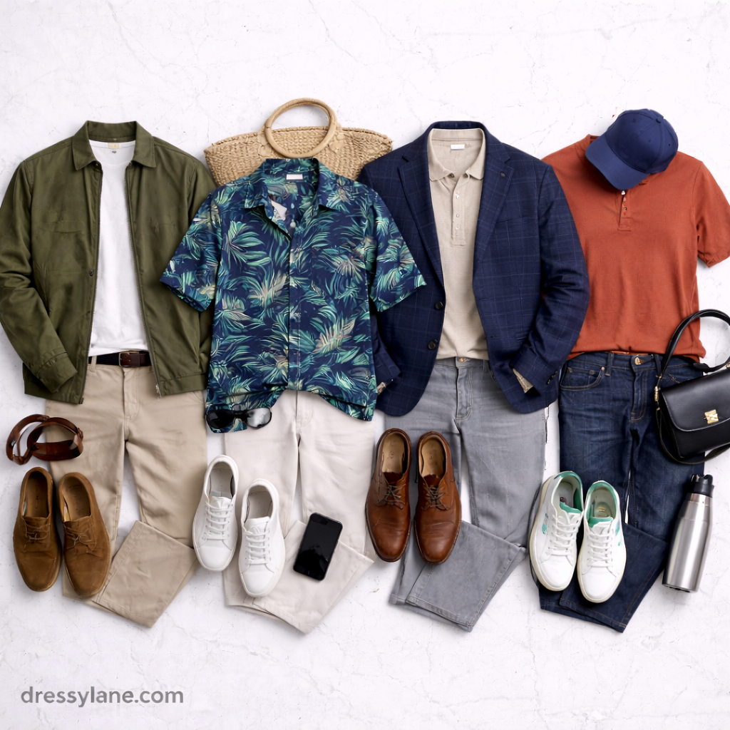 Flat lay of men’s outfits styled around statement pieces including bold shirts, jackets, neutral pants, shoes, and accessories.