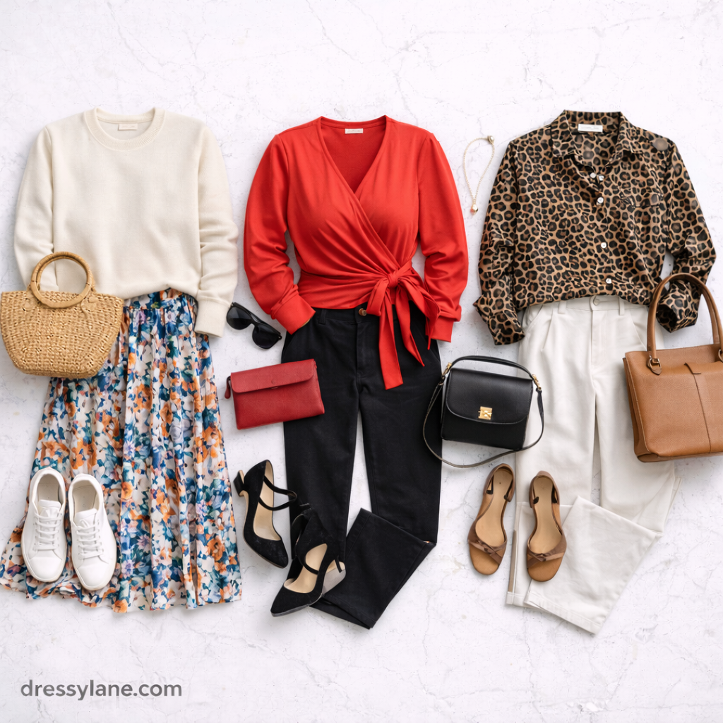 Flat lay of women’s outfits built around statement pieces including bold tops, patterned skirts, neutral pants, shoes, and handbags.