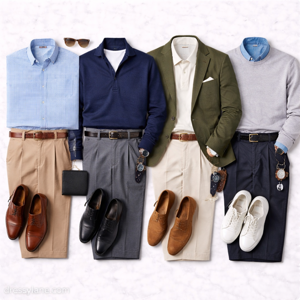Flat lay of men’s business casual outfits featuring button-down shirts, knit tops, tailored pants, leather shoes, clean sneakers, belts, watches, and refined accessories arranged in coordinated sets.