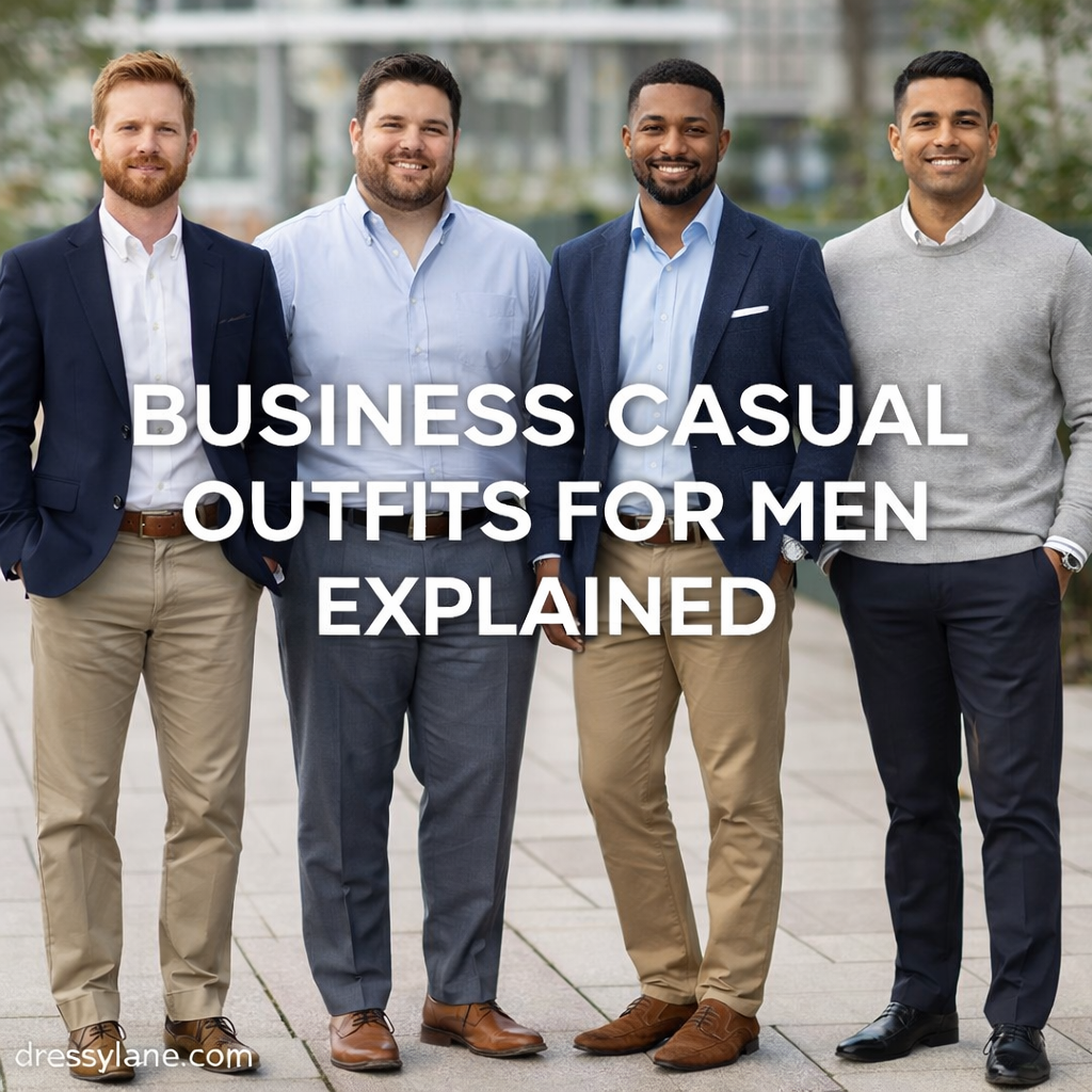 A group of men wearing modern business casual outfits, including blazers, button-down shirts, sweaters, and tailored pants, demonstrating professional yet relaxed workwear style.