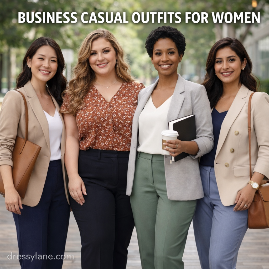 Group of women wearing professional business casual outfits outdoors, featuring a confident curvy woman in a patterned blouse and tailored trousers.