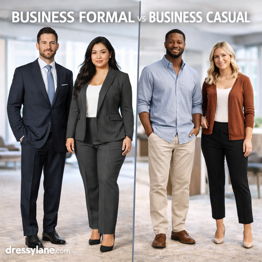 Men and women demonstrating business formal and business casual office attire in a professional workplace setting.