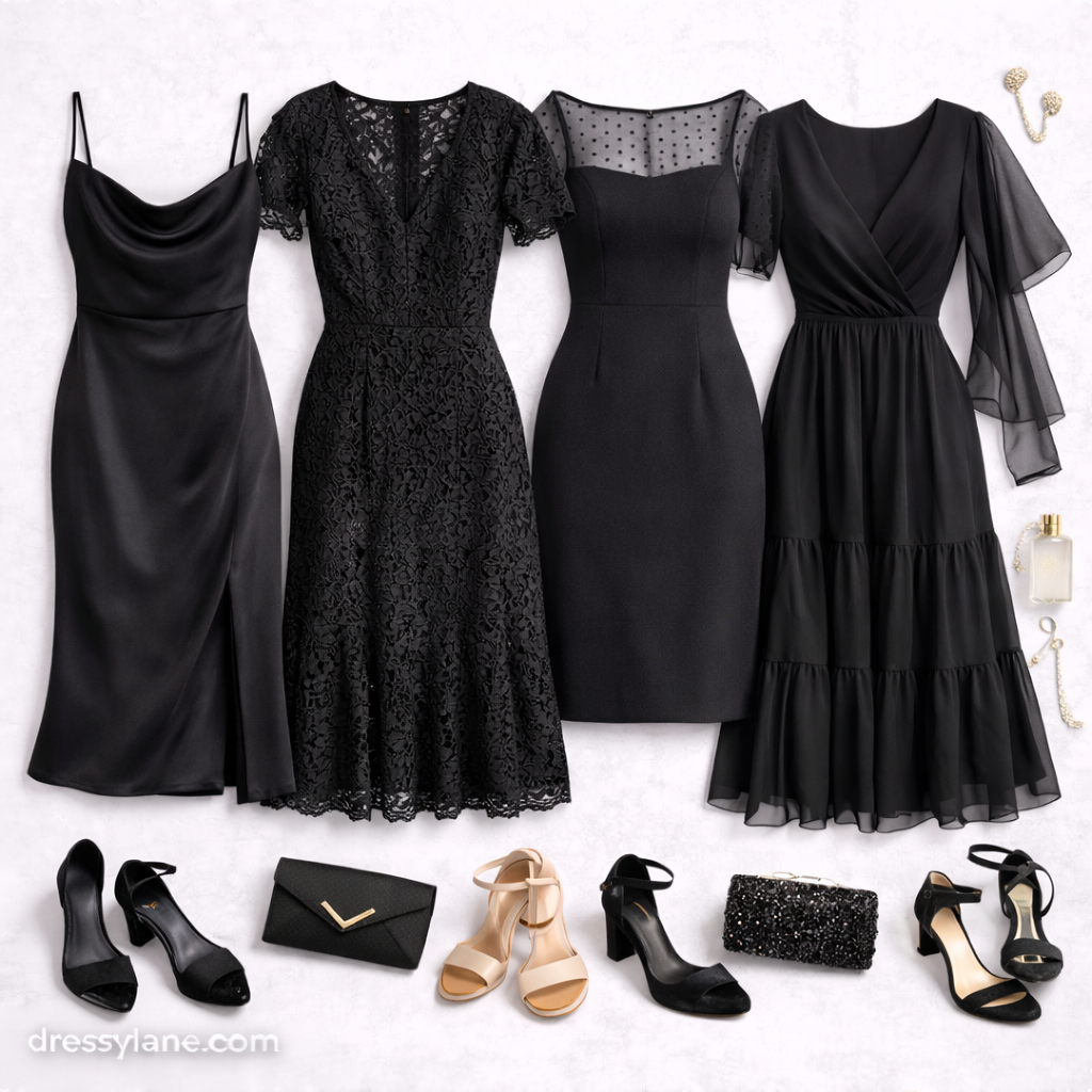 Flat lay of women’s all-black wedding guest outfits featuring satin, lace, chiffon, and tailored dresses with black heels and elegant accessories.