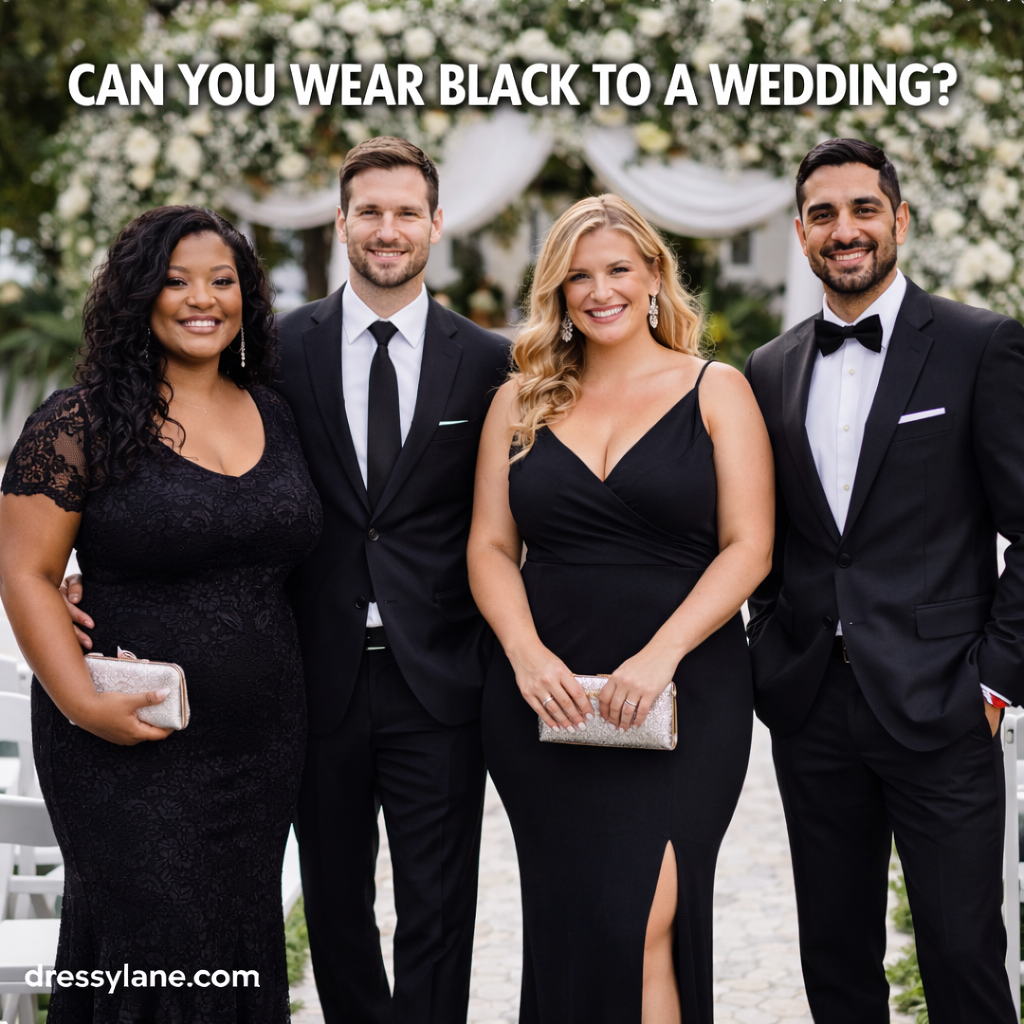 Diverse group of wedding guests dressed in elegant black formal outfits standing at an outdoor wedding ceremony.