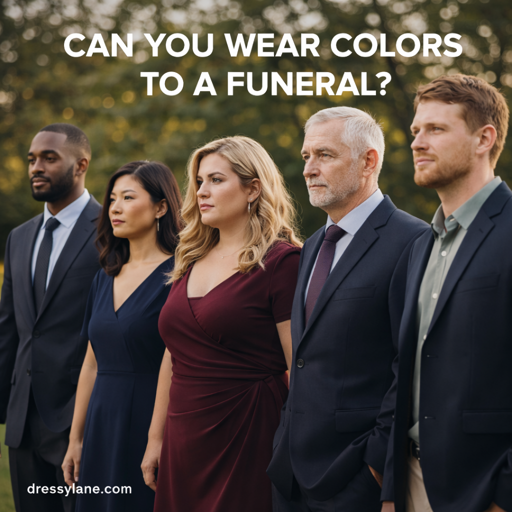 Group of men and women wearing muted, respectful attire at an outdoor funeral setting, featuring darker and subtle color choices.