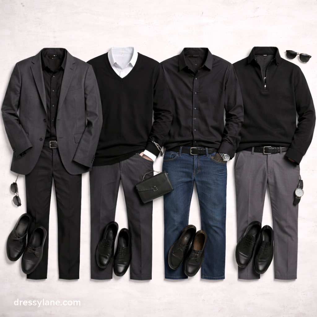 Flat lay of men’s funeral outfits featuring dark shirts, tailored jeans, dress pants, and polished shoes arranged respectfully.