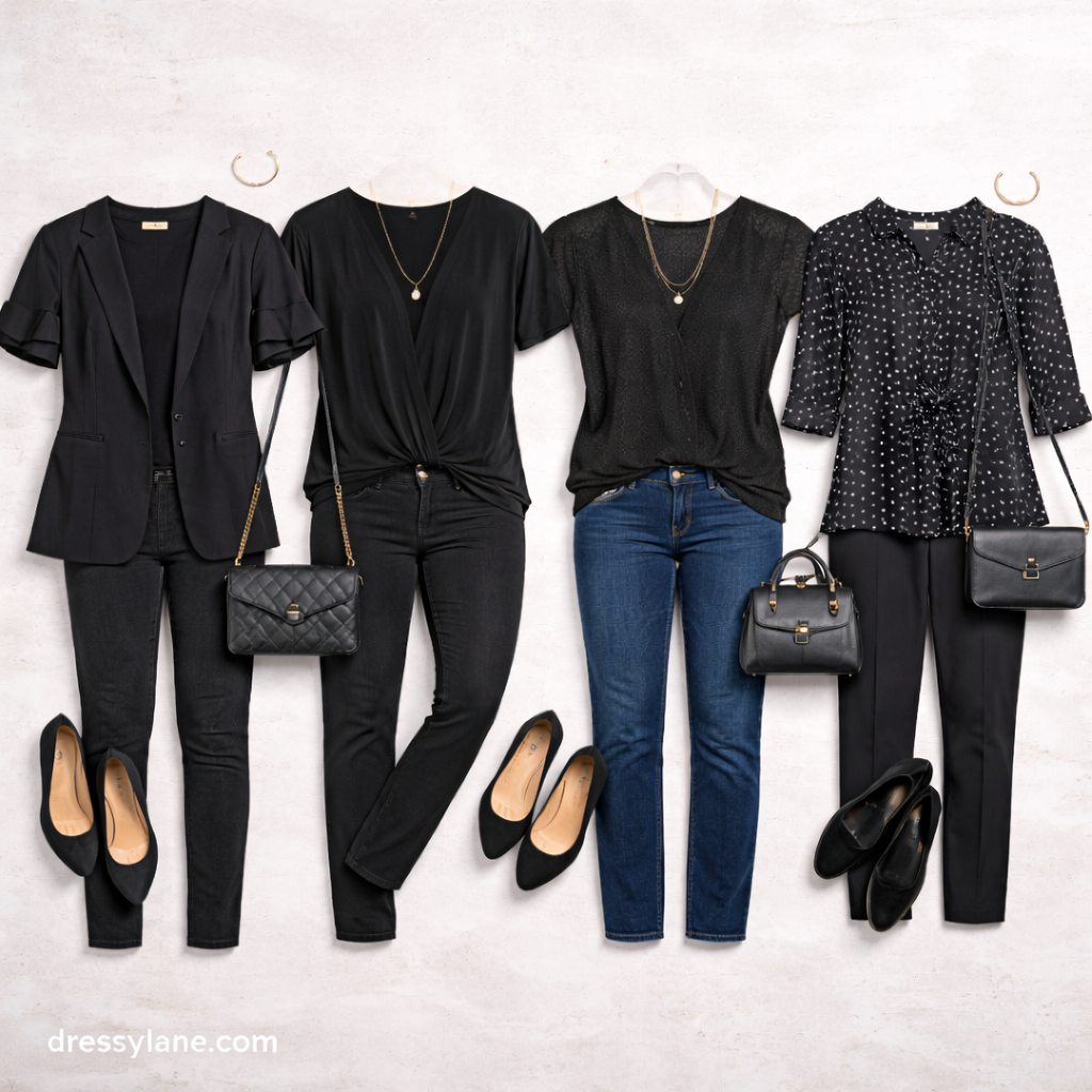 Flat lay of women’s funeral outfits featuring dark tops, tailored jeans, modest blouses, and respectful footwear.
