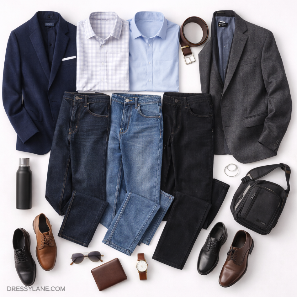 Flat lay of men’s outfits featuring dark and medium-wash jeans styled with blazers, dress shirts, and dress shoes for a casual wedding.