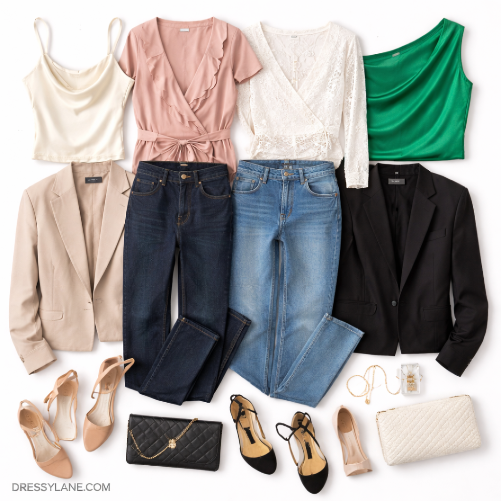 Flat lay of women’s outfits featuring dark and light jeans styled with blazers, dressy tops, heels, and elegant accessories suitable for a casual wedding.