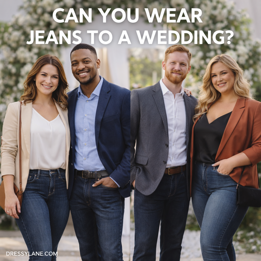 Diverse men and women wearing dark jeans styled with blazers and dressy tops at a casual outdoor wedding.