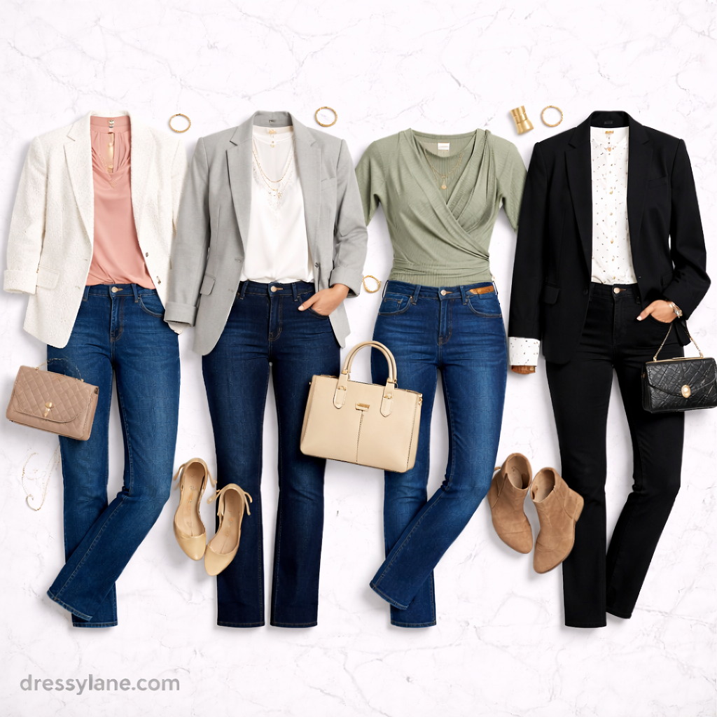 Flat lay of women’s business-casual outfits featuring dark-wash jeans paired with blazers, blouses, shoes, and structured handbags.