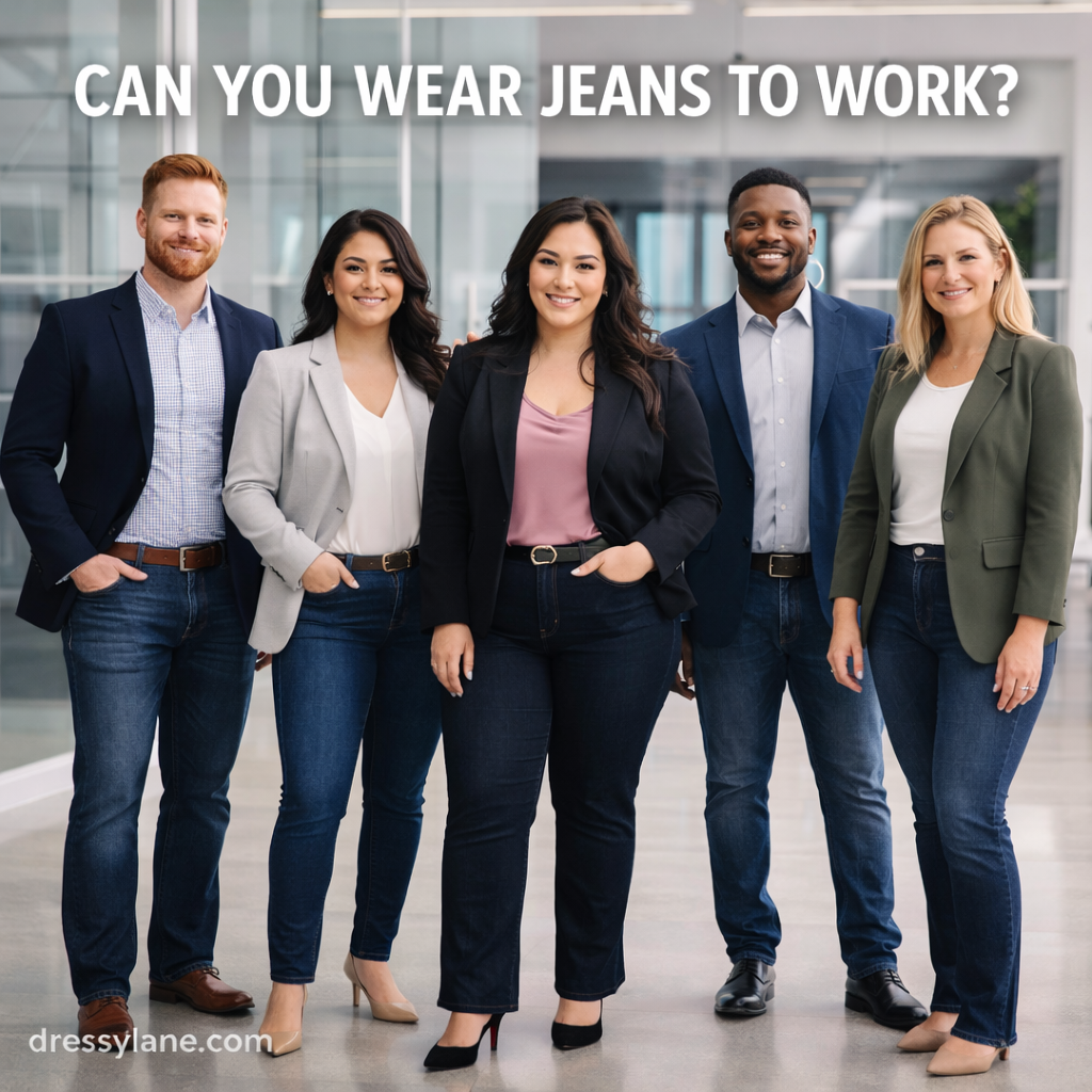 Diverse group of professionals wearing jeans styled with blazers and business-casual tops in a modern office setting.
