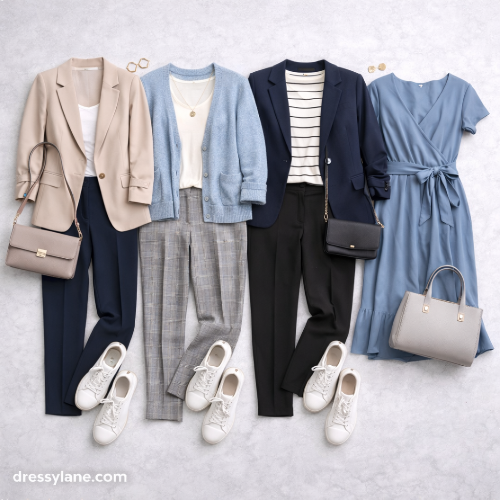 Flat lay of women’s business-casual outfits styled with clean white sneakers, including blazers, trousers, dresses, and structured bags.