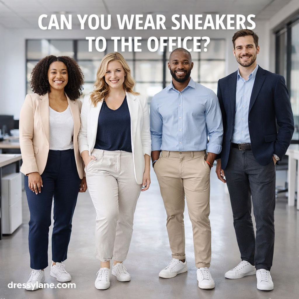 Diverse group of professionals wearing business-casual outfits styled with clean sneakers in a modern office setting.