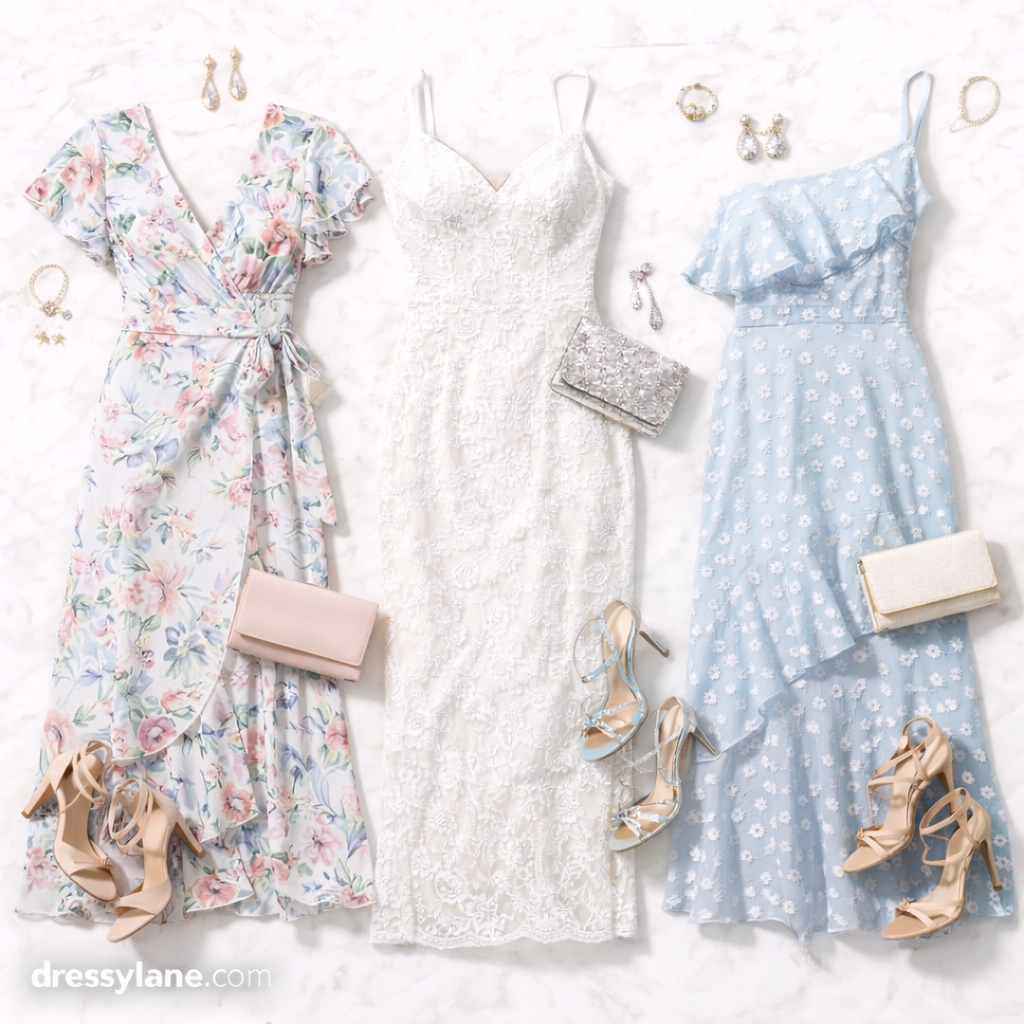 Flat lay of women’s wedding guest dresses showing varying amounts of white, including a floral dress with white accents, a fully white lace dress, and a light blue dress with white pattern details.
