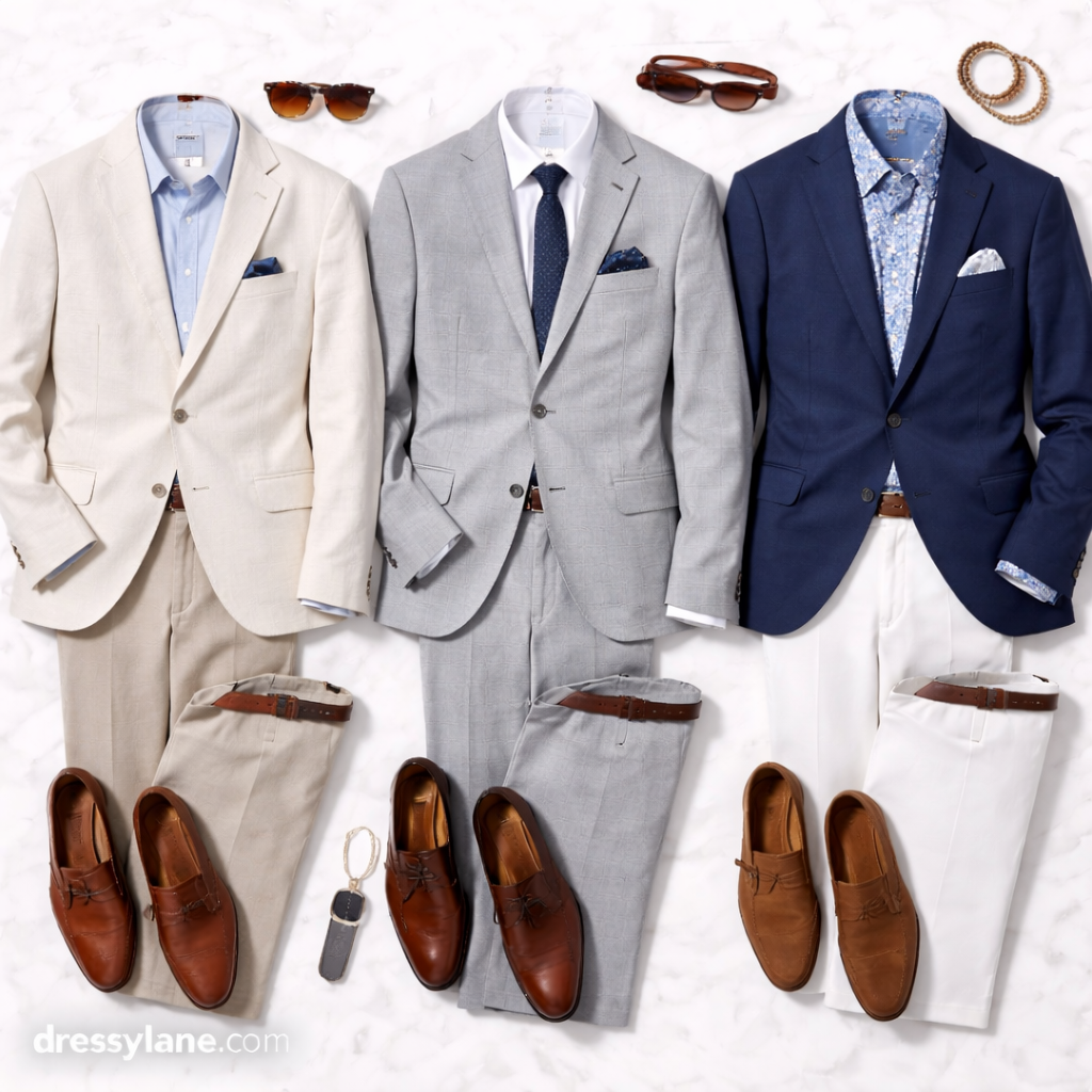 Flat lay of men’s wedding guest outfits featuring light and neutral suits, blazers, dress shirts, trousers, shoes, and accessories arranged on a light background.
