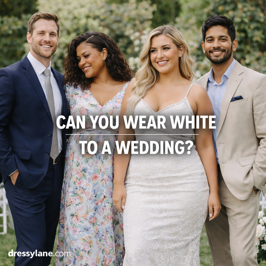 A diverse group of wedding guests dressed in formal attire, including a woman wearing a white dress, standing outdoors at a garden wedding setting.