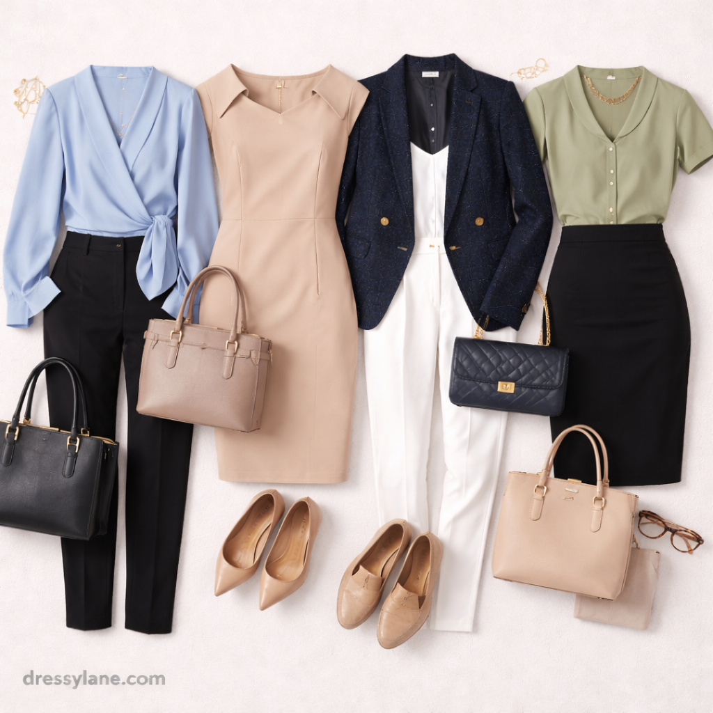 Flat lay of women’s professional clothing and accessories arranged neatly, featuring polished outfits suitable for client meetings.