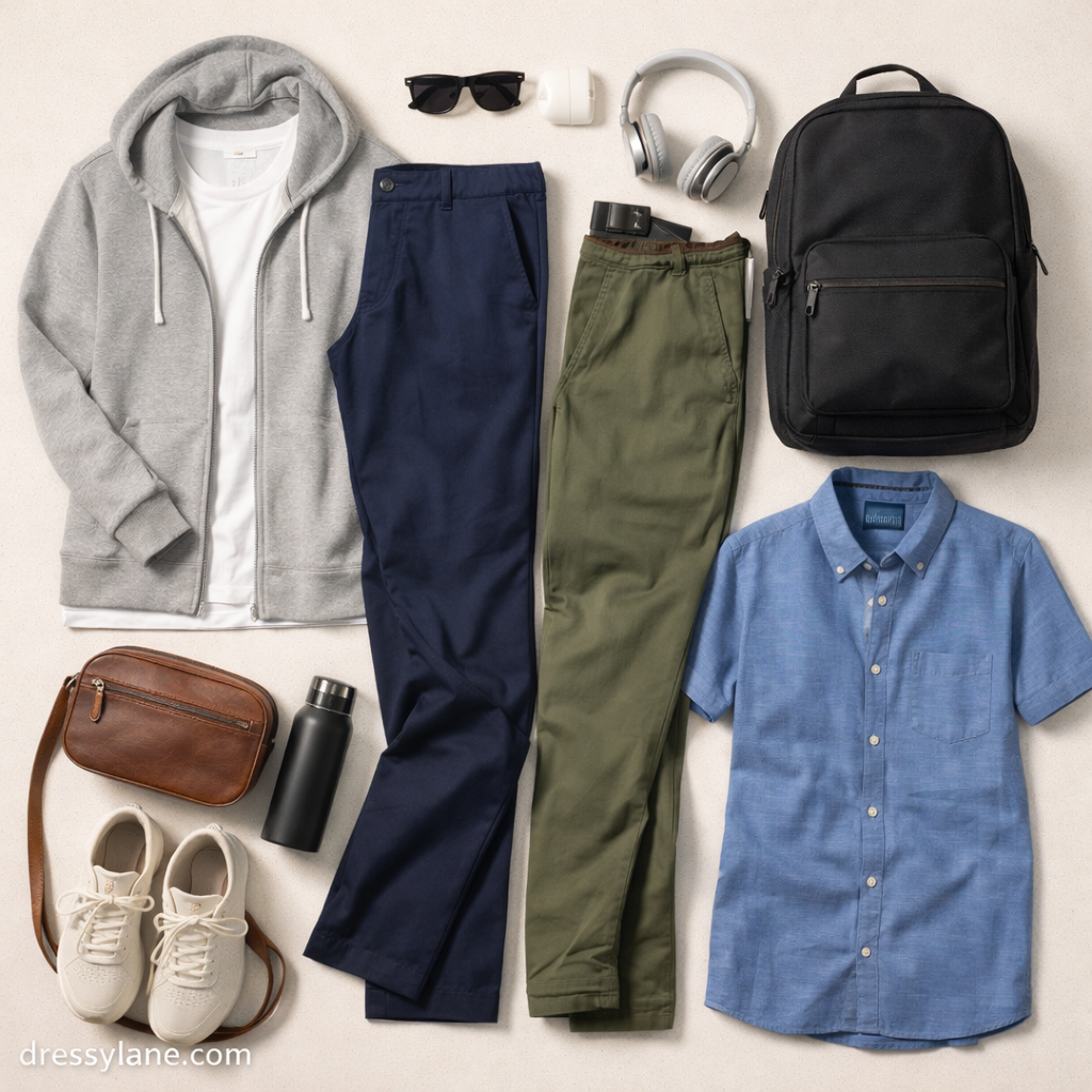 Flat lay of comfortable men’s travel clothing including soft layers, relaxed pants, casual shirts, sneakers, and practical accessories arranged for stylish travel.