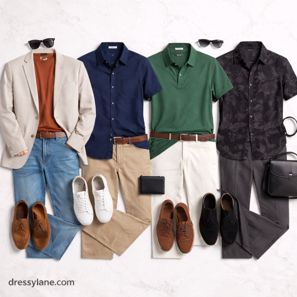 Flat lay of men’s comfortable party outfits including shirts, trousers, shoes, and accessories arranged neatly on a light background.