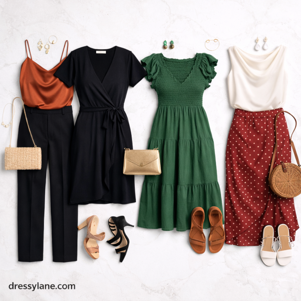 Flat lay of women’s comfortable party outfits including dresses, tops, skirts, pants, shoes, and accessories arranged neatly on a light background.