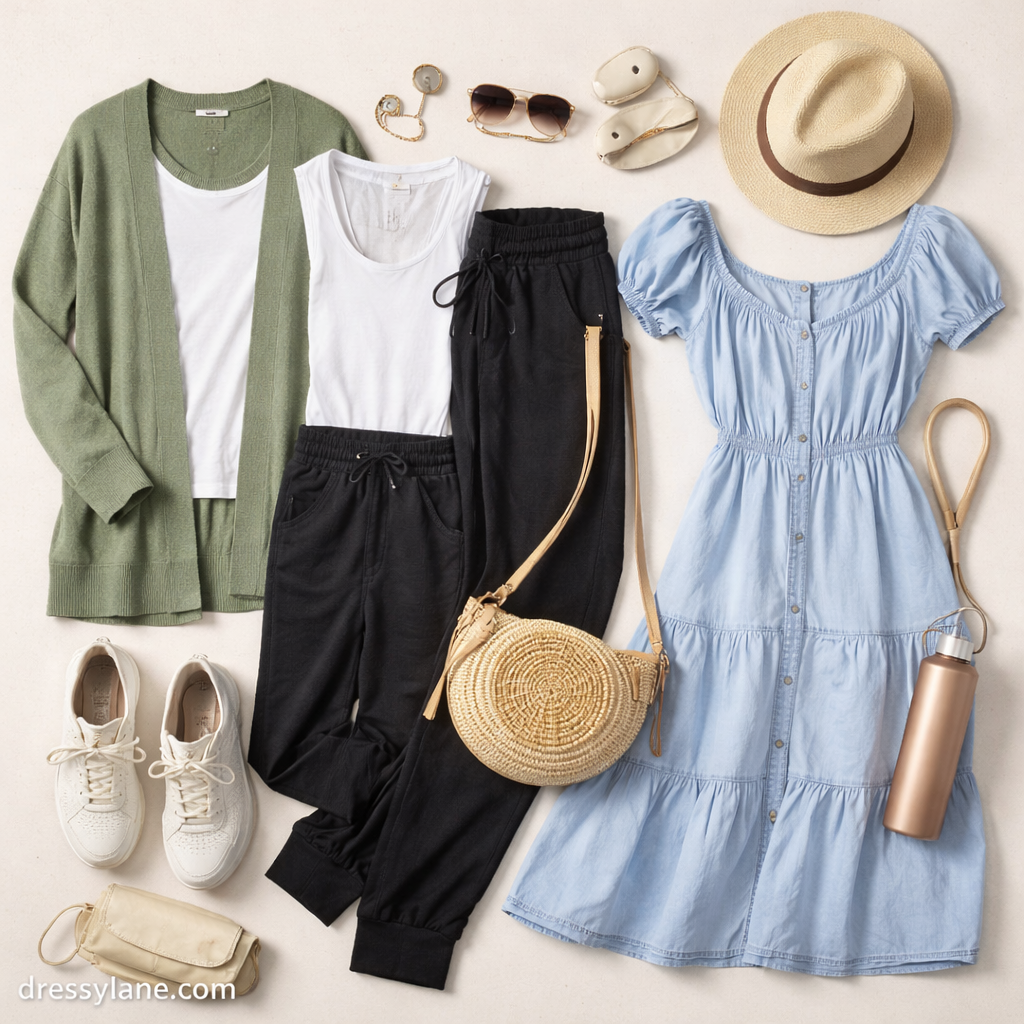 Flat lay of comfortable women’s travel clothing including soft layers, relaxed pants, casual dresses, sneakers, and accessories arranged for stylish vacation packing.