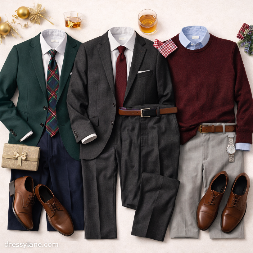 Flat lay of men’s company holiday party outfits featuring tailored suits, festive sweaters, dress shirts, leather shoes, and classic accessories arranged for a professional holiday event.