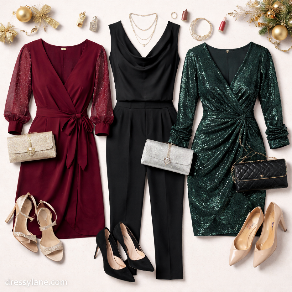Flat lay of women’s company holiday party outfits featuring elegant dresses, tailored pieces, festive accessories, and dress shoes arranged for a professional holiday event.