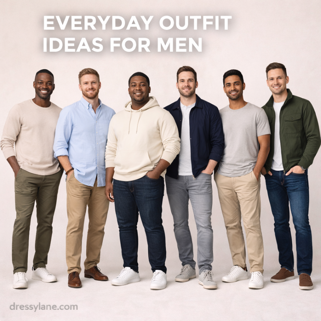 Group of men wearing modern everyday outfits including t-shirts, hoodies, casual jackets, jeans, chinos, and sneakers styled for daily wear.