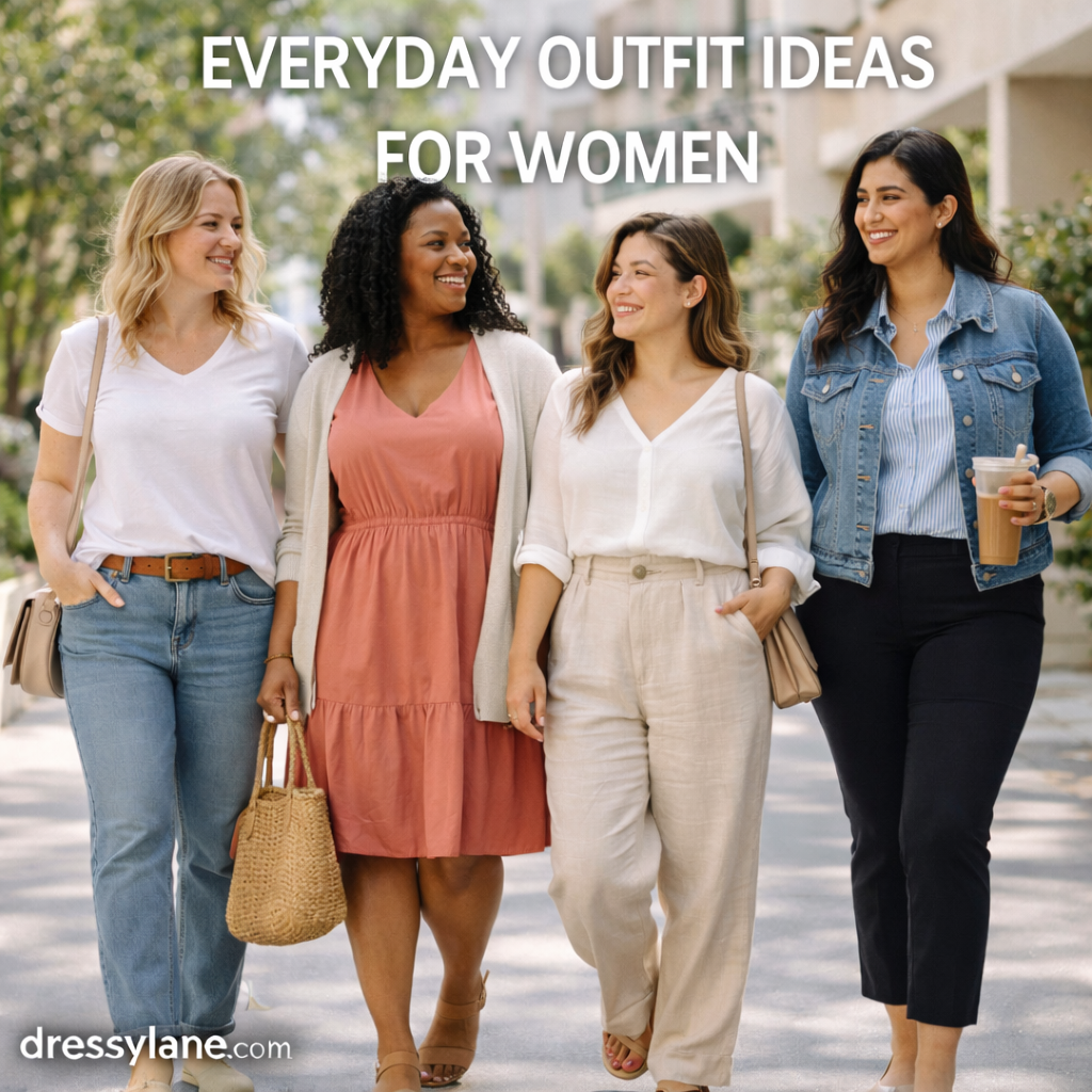 Group of women wearing comfortable, stylish everyday outfits that show easy outfit ideas for daily wear.