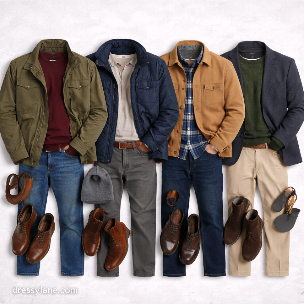 Flat lay of men’s fall outfits featuring jackets, sweaters, full-length pants, and leather shoes in classic autumn colors.