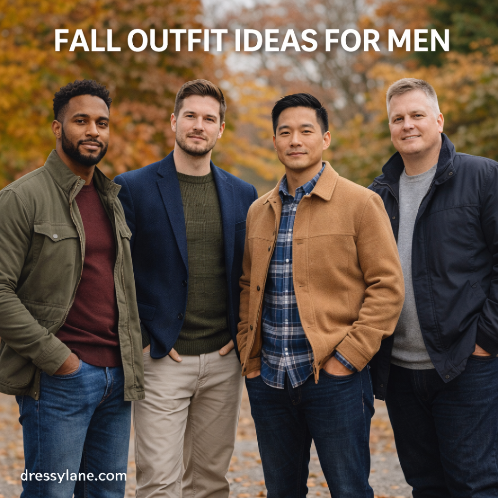 Group of men wearing layered fall outfits including jackets, sweaters, and casual outerwear in an autumn setting.