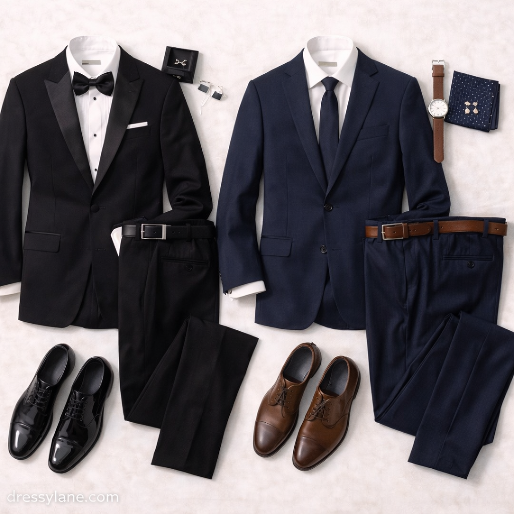Flat lay of men’s formal gala outfits featuring a classic tuxedo and a navy suit with dress shirts, ties, polished shoes, and refined accessories arranged for an upscale event.