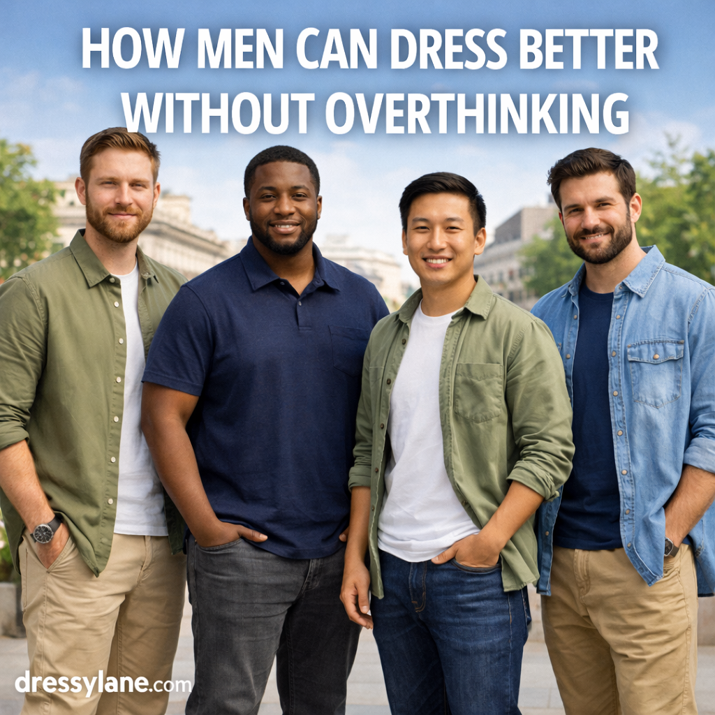 Group of men wearing simple, well-fitting casual outfits that show how to dress better without overthinking style.