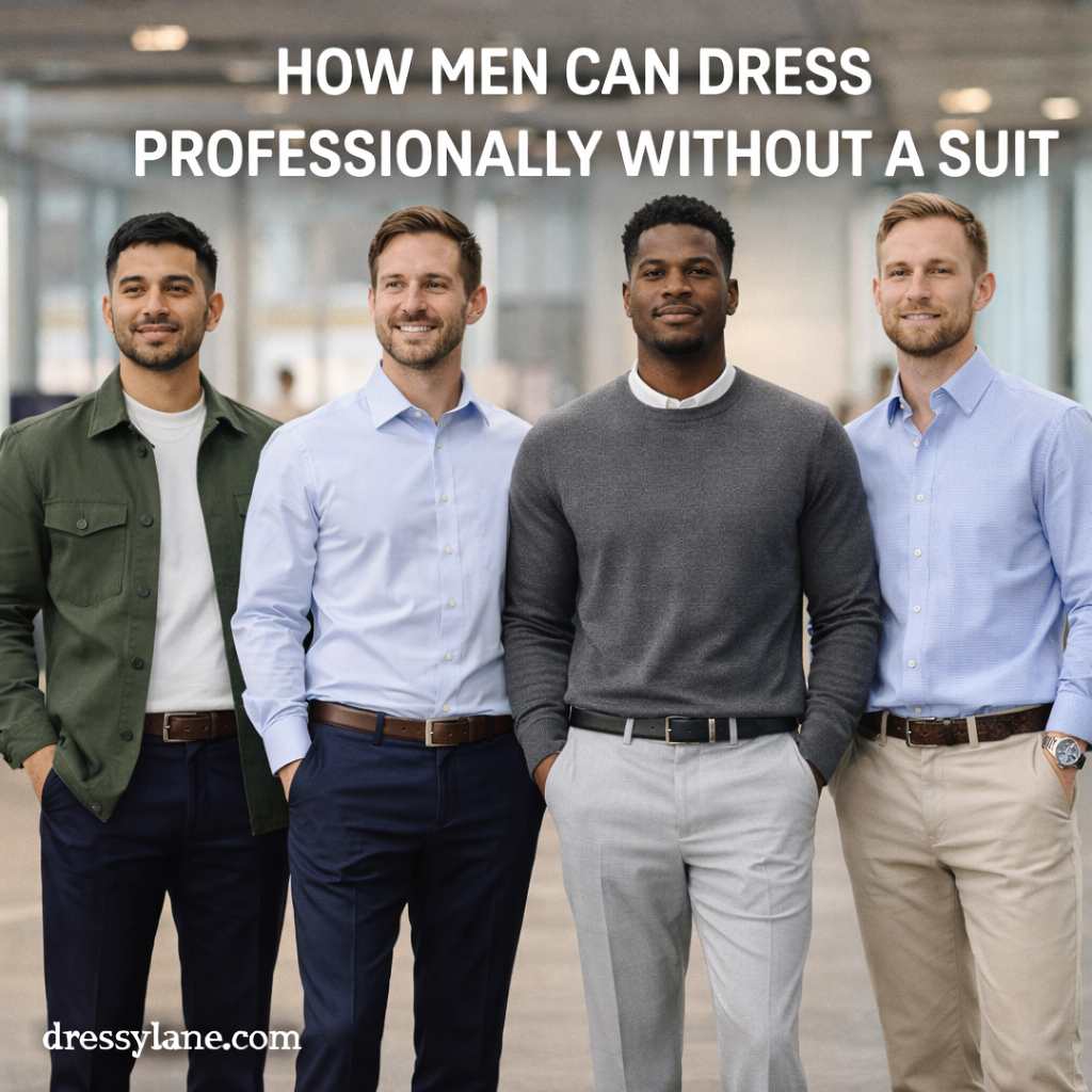 A diverse group of men wearing polished business casual outfits that look professional without wearing suits in a modern office setting.