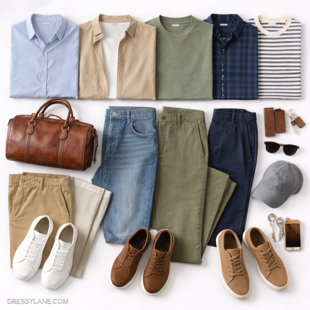 Flat lay of men’s transitional outfits featuring lightweight shirts, jackets, full-length pants, casual shoes, and spring accessories.