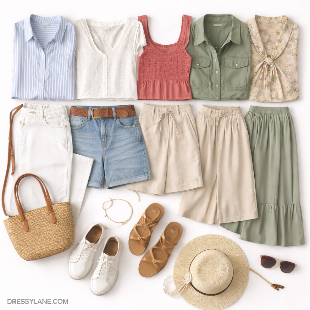 Flat lay of women’s transitional outfits featuring lightweight tops, neutral bottoms, casual shoes, and spring accessories.