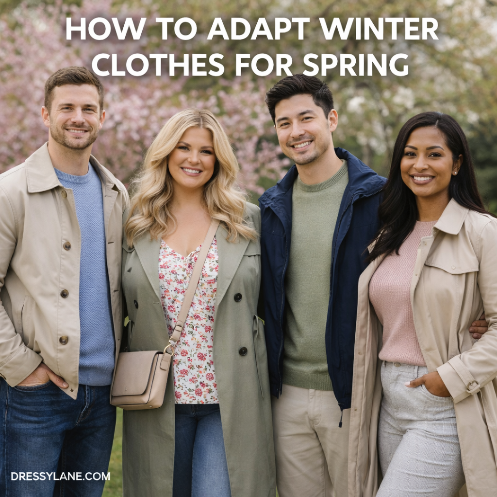 Diverse group of men and women wearing layered outfits that transition winter clothing into spring styles in an outdoor setting.