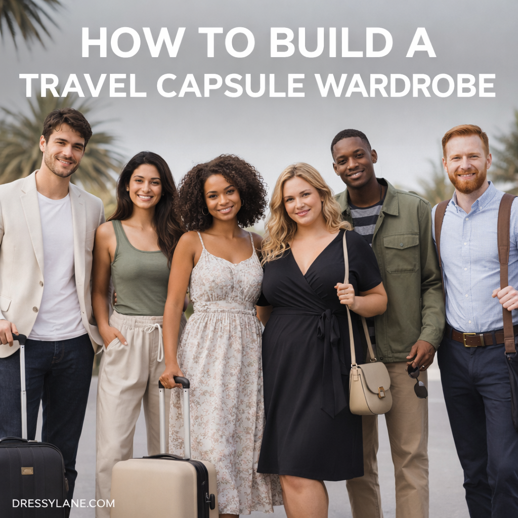 Group of diverse men and women wearing coordinated travel outfits, representing how to build a versatile travel capsule wardrobe.