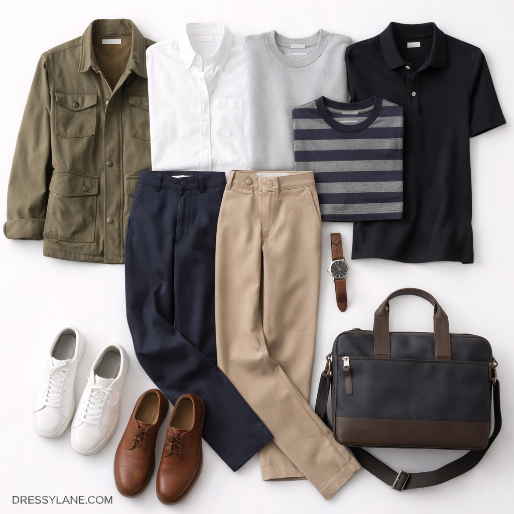 Flat lay of a men’s travel capsule wardrobe featuring neutral shirts, full-length pants, shoes, and accessories arranged for versatile vacation outfits.