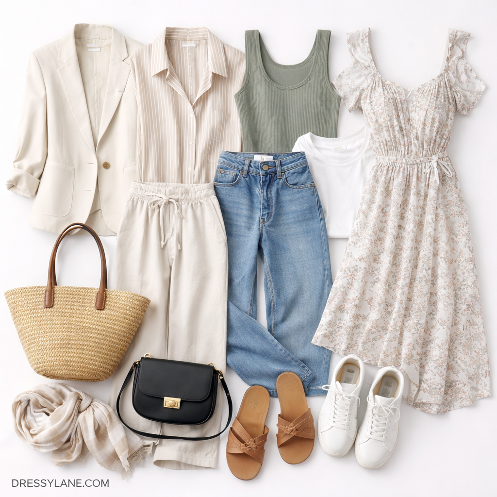 Flat lay of a women’s travel capsule wardrobe featuring neutral-toned clothing, shoes, and accessories arranged for versatile vacation outfits.