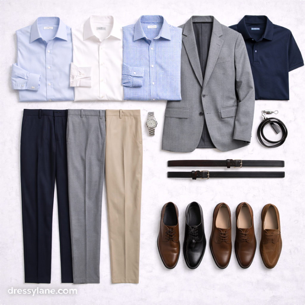 Flat lay of men’s work capsule wardrobe essentials including shirts, blazers, trousers, belts, dress shoes, and minimalist accessories in neutral colors.