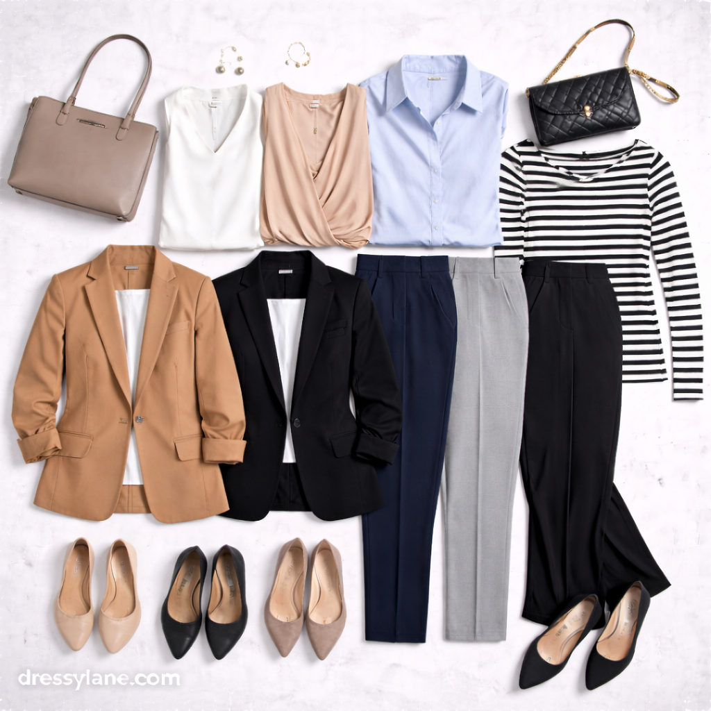 Flat lay of women’s work capsule wardrobe essentials including blazers, trousers, blouses, neutral shoes, handbags, and minimalist accessories.